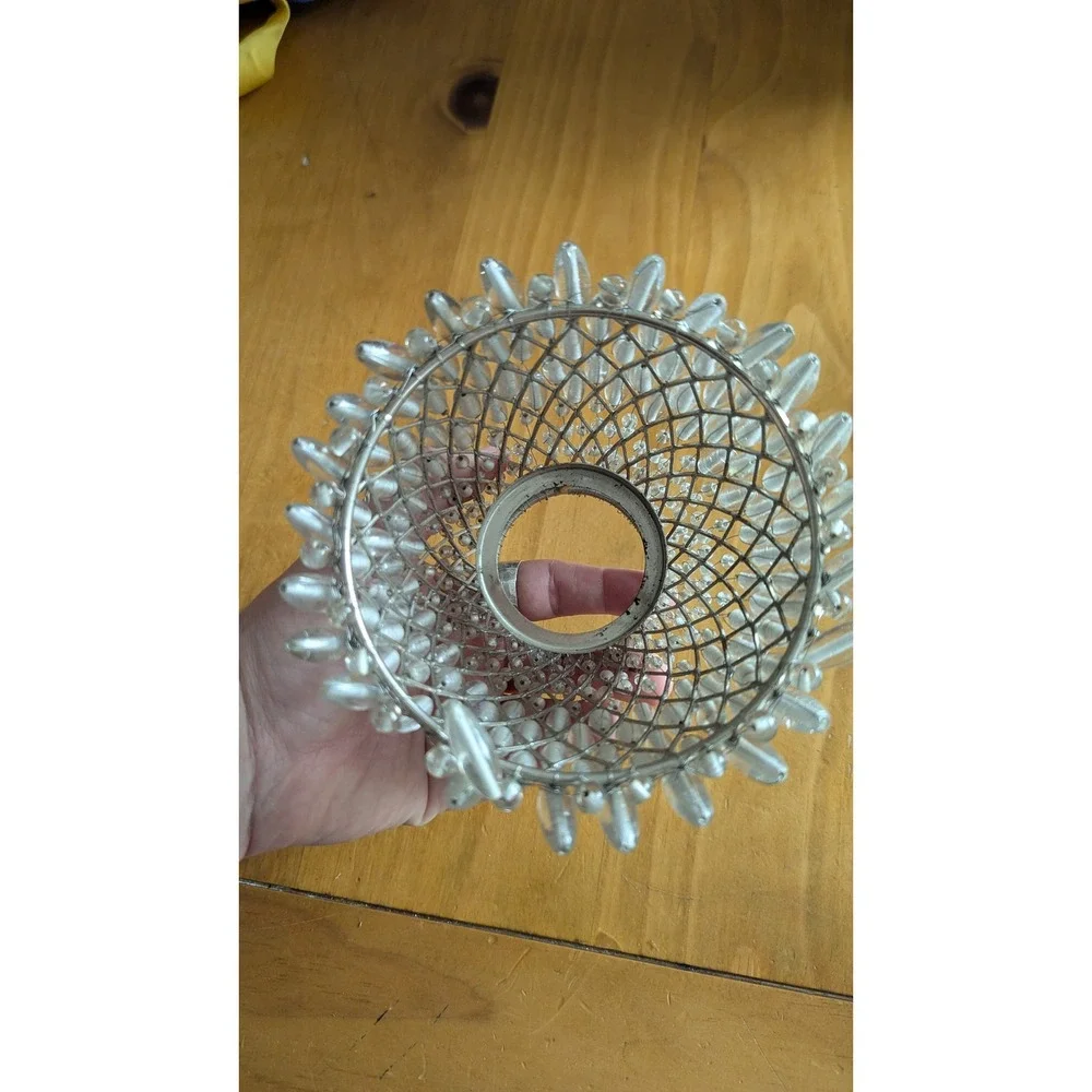 Vintage Beaded Wire Mesh Lamp Shade Clear Glass Teardrop Chandelier Cover 4.5in
